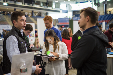 The University of New Hampshire holds the Career and Internship Fair twice a year at the Whittemore Center. Students and Employers are encouraged to meet and network.